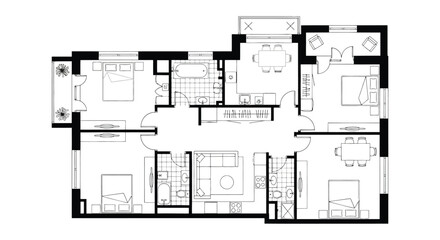 Detailed floor plan of a modern apartment with multiple rooms and furniture ideal for design projects on transparent background silhouette