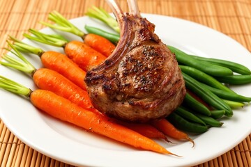 Grilled lamb chop with carrots and green beans on white plate