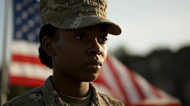 Woman in military uniform stands before a waving flag in natural light