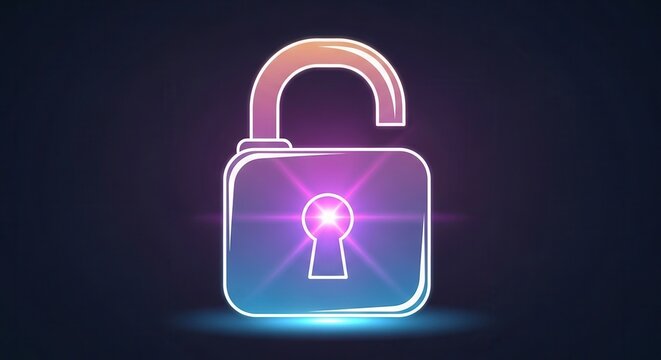 Futuristic neon glowing padlock symbol representing digital access and secure freedom