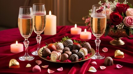 Fototapeta premium Romantic Celebration Scene with Delicate Champagne Flutes, Intimate Dinner, and Elegant Ambiance