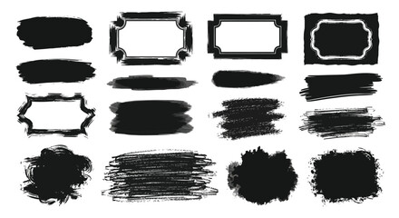 Variety of black brush stroke shapes and frames including a silhouette ideal for design projects on transparent background high quality professional
