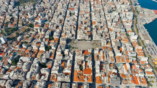 Patras, Greece. Central part of the city in summer. Sunny day. Drone footage