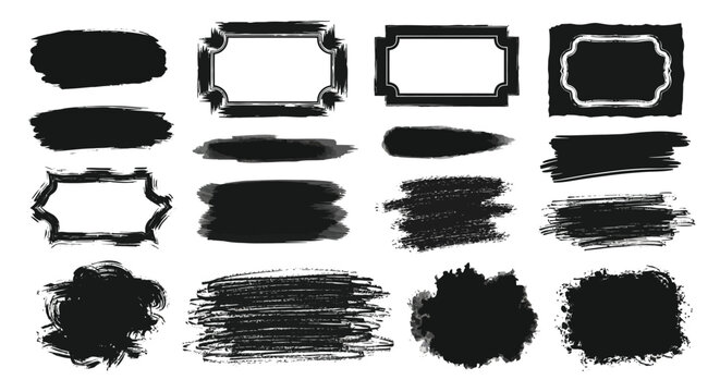 Variety of black brush stroke shapes and frames including a silhouette ideal for design projects on transparent background high quality professional