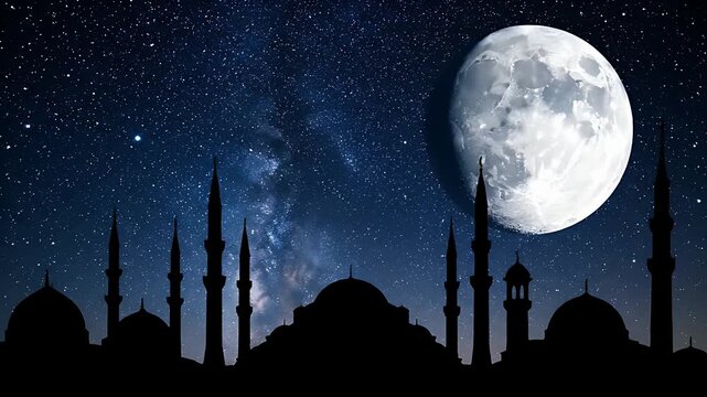 Silhouette of stunning mosque domes and towering minarets against a brilliant, expansive night sky filled with countless stars and a majestic full moon.