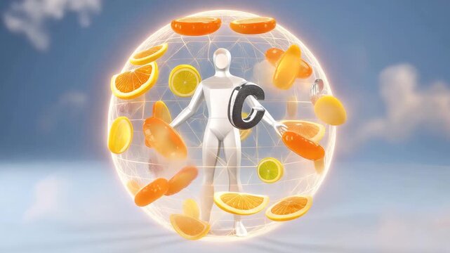 Vitamin Force Field with Glowing Icons and Citrus Slices Protecting Silhouette
