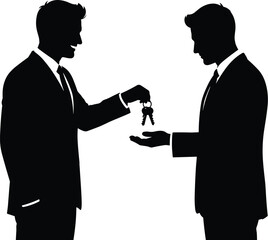 Minimal vector silhouette, real estate agent handing over keys to a client, solid black, isolated on white.