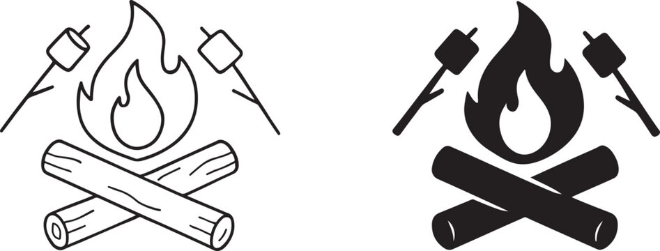 Bonfire with marshmallows in bold and line art style, cozy camping vector icon design.