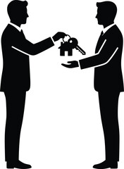Minimal vector silhouette, real estate agent handing over keys to a client, solid black, isolated on white.