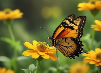 Fototapeta premium Delicate butterfly with black and orange wings perched on a bright yellow flower, set against a blurred green background , wildlife, insect photography