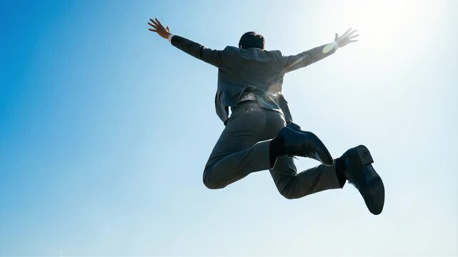両手を大きく広げ、青空へ高くジャンプするビジネスマンの背中。自由、解放、そして無限の可能性を象徴