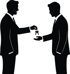 Minimal vector silhouette, real estate agent handing over keys to a client, solid black, isolated on white.