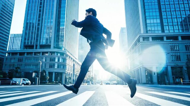 横断歩道を走るスーツ姿の男性。大都市のオフィス街を舞台にした挑戦と情熱を象徴するイメージ映像