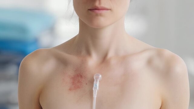 Woman's chest with medical device attached, showing bruise and irritation, in a clinical setting, close-up view.