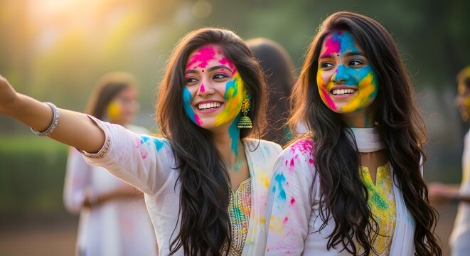 Two young women covered in colorful Holi powder smiling outdoors faces