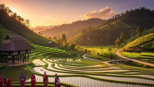 Cinematic landscape video showcasing the natural scenery and cultural environment of Manipur, India. Warm golden hour lighting enhances depth and atmosphere, highlighting harmony between nature