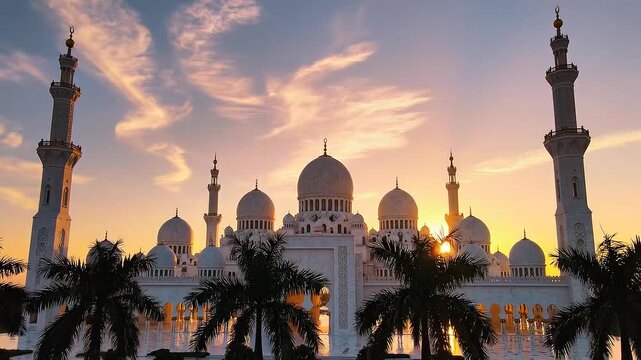 Serene Ramadan video of mosque at sunset with palm trees and minarets