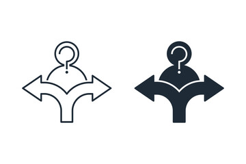 A person and a difficult choice. Split interests. Vector linear icon illustration isolated on white background.