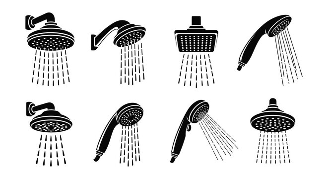 A collection of diverse showerhead designs illustrated in a minimalist style on transparent background silhouette high quality professional detailed modern elegant