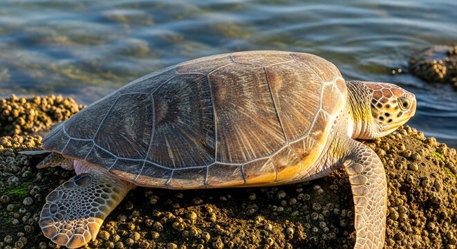 Green sea turtle resting on rocky shore with calm ocean background