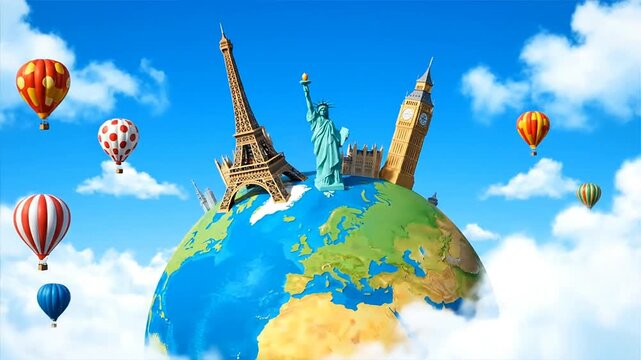 World landmarks with hot air balloons over blue sky background