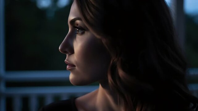 Cinematic close-up video of a woman standing on an outdoor veranda during a cool evening. Low ambient light and soft rim lighting create a dramatic mood