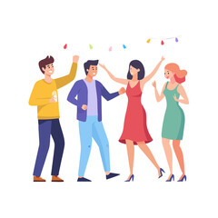 Fototapeta premium Happy people crowd at holiday party. Friends dancing, having fun together. Young men and women characters group, youth celebrating event with joy. Nightlife concept. Colored flat vector illustration 