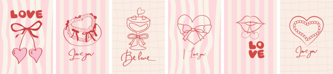 Set of girly coquette greeting cards for Valentine's Day. Romantic design with hand drawn frames, hearts, bows and ribbons, sweet cherry in sketch style. Vector poster, banner, wedding invitation.