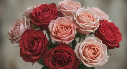 Obraz premium A close-up shot of a bouquet of roses in varying shades of pink and red