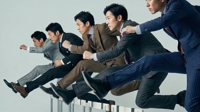 ビジネスの壁を乗り越える。一斉にハードルを越えて未来へ突き進むスーツ姿の男性たち