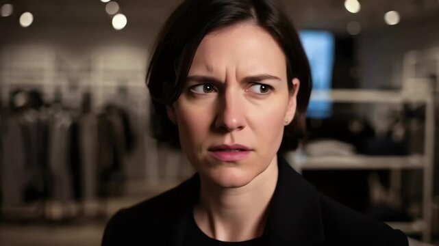 video inside a retail store capturing a moment of suspicious behavior. Dramatic overhead lighting and handheld camera movement create tension and realism
