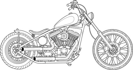 Intricate black outline illustration of a vintage hardtail chopper motorcycle in profile view. © Vhya
