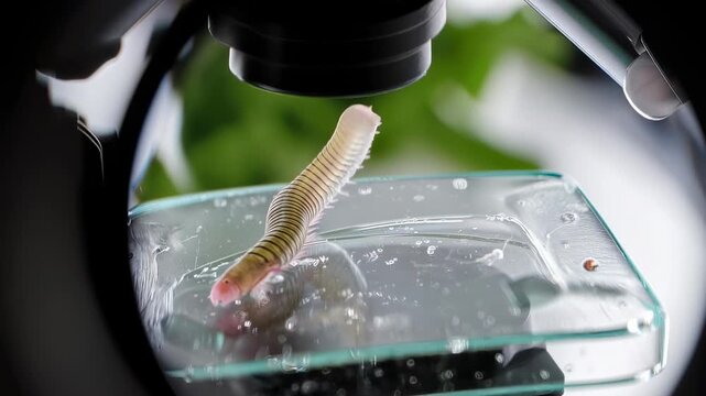A microscopic view of a worm specimen on a glass slide, captured through a microscope lens in a laboratory setting.