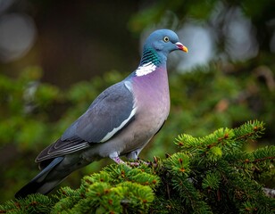 A close-up shot of a wood pigeon perched on a green fir tree branch, in natural lighting