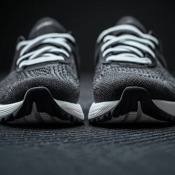 Pair of black running shoes with white laces on dark surface