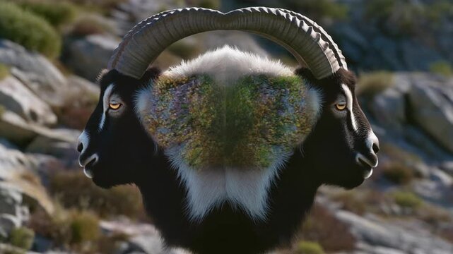 Intriguing two headed goat staring directly at the camera in a mountain environment