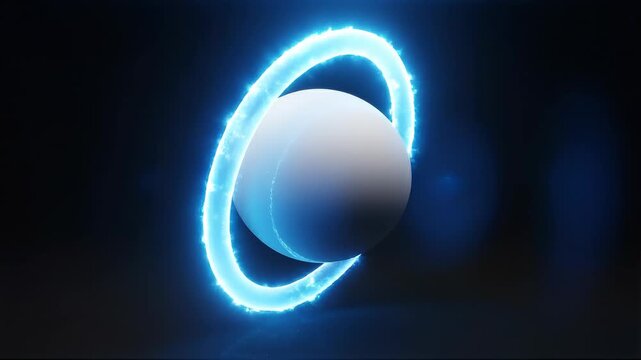 Electric blue glowing ring orbits smooth white sphere in dark space creating safe futuristic AI model inspired visual brand concept with modern appeal