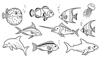 Playful Fish Doodle Icon Collection Vector with Hand-Drawn Sea Life Sketches © Shukimon