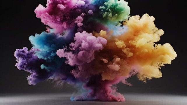 Professional cinematic depiction of a massive multicolor smoke bomb burst exploding violently outwards against a neutral dark studio wall creating a thick colorful cloud yellow, fast expansion, burst