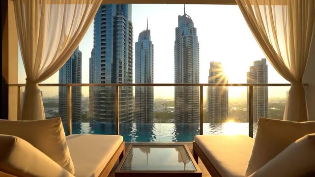 Luxurious balcony with city view, chaise lounges, coffee table, and pool at sunset