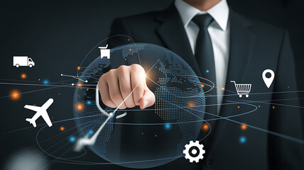 Businessman interacting with virtual touchscreen buttons