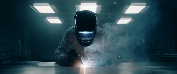 Skilled welder performs precise arc welding in a modern factory setting, creating bright sparks and smoke.