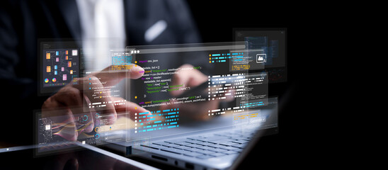 Programmer working with artificial intelligence and data analytics. Futuristic code interface,...