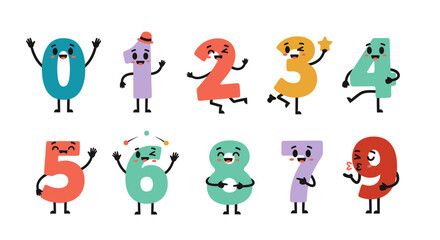 Obraz premium Colorful Cartoon Numbers with Facial Expressions and Gestures.