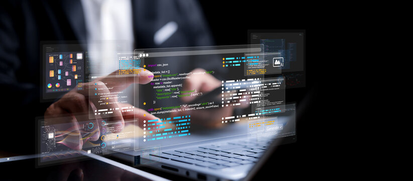 Programmer working with artificial intelligence and data analytics. Futuristic code interface, machine learning dashboard, software development and digital technology concept.