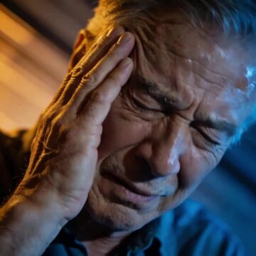 Middle-elderly man with Meniere's disease acute attack having dizziness and holding head