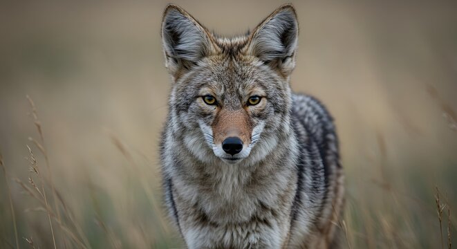 A close-up shot of a coyote staring directly at the camera in a field of dry grasses