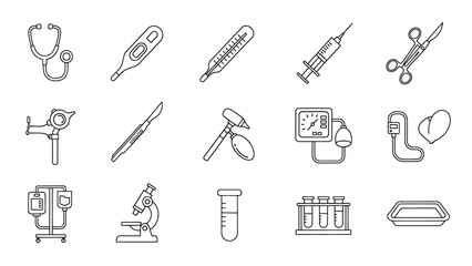 Comprehensive Medical Equipment and Healthcare Diagnostics Line Icon Set Representing Clinical Tools, Surgery, and Patient Care