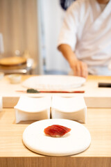 Japanese sushi restaurant with sushi chef background.