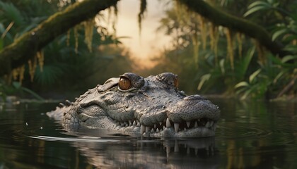 Obraz premium A close-up shot of a crocodile with amber eyes, swimming in a murky river under a jungle canopy